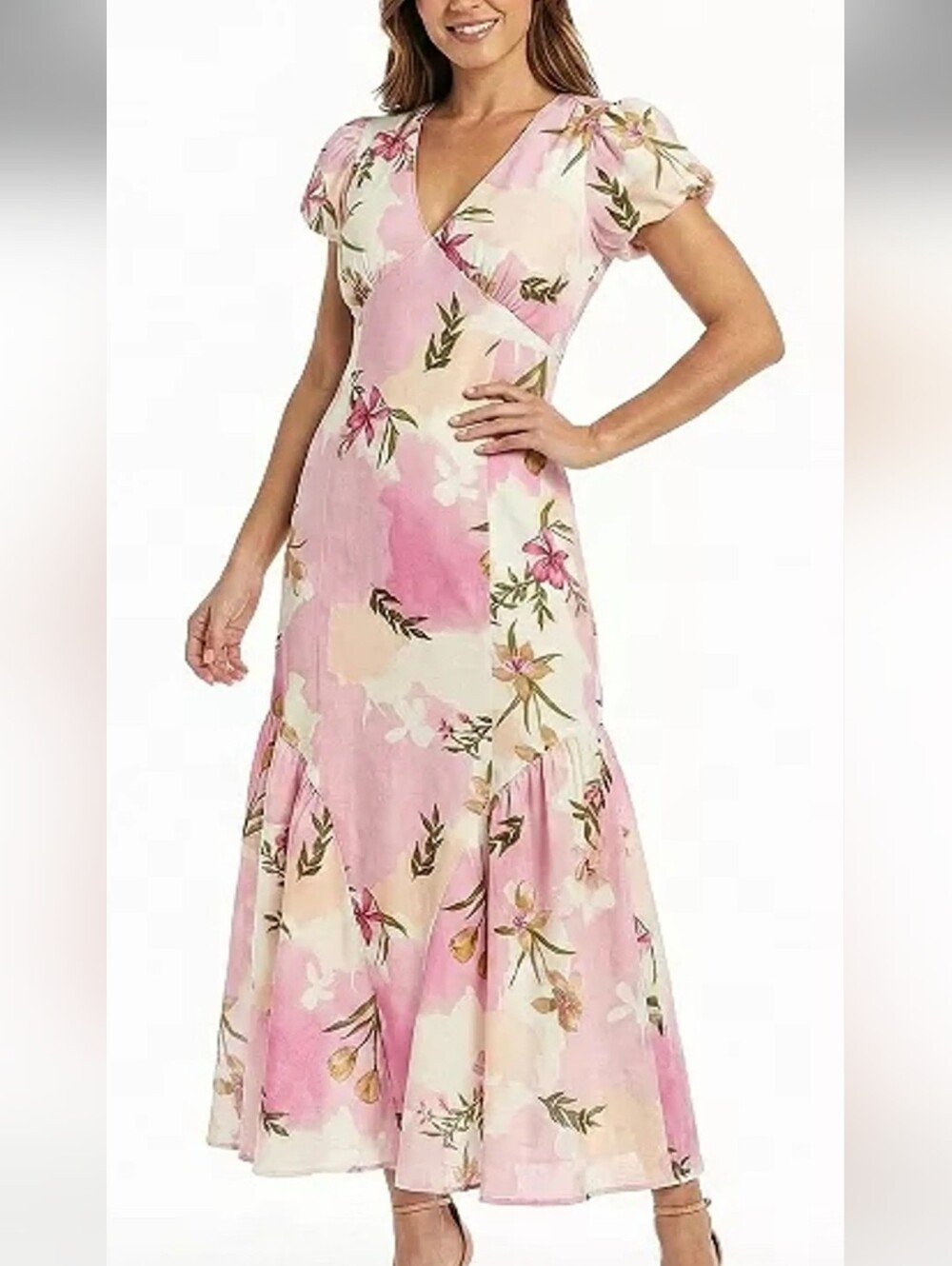 Taylor Pink Floral V-Neck Midi Dress